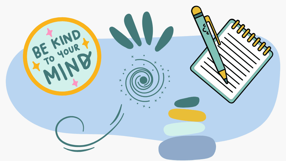 Mind & Flow Space Titelbild mit Grafiken zu Journaling, Flow, Space und Mindfulness